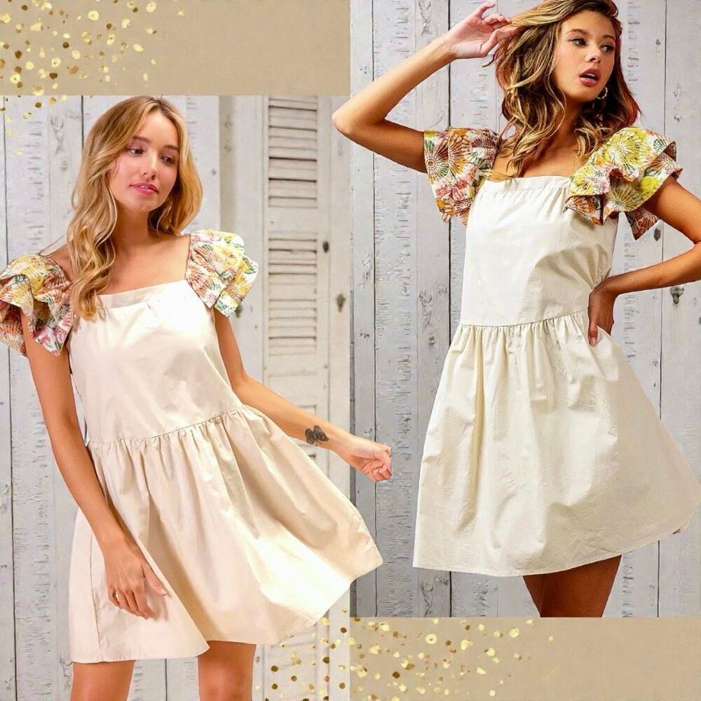 BiBi Floral Print Flutter Sleeve Babydoll Mini Dress Size XL NWT - Picture 5 of 14